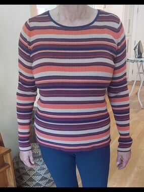KAVU Striped, Ribbed Long Sleeve Top in Coral, Purple & Cream
